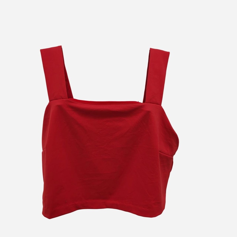 Tahari Red Square Neck Crop Top Sleeveless Wide Strap Minimalist Tank Womens M